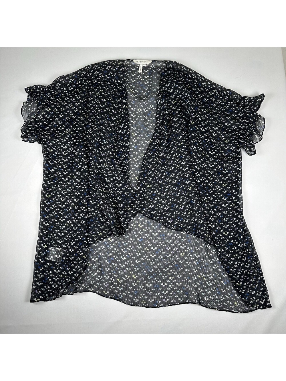 BCBGeneration Womens XS/S Black Sheer Chiffon Open Front Kimono Cardigan